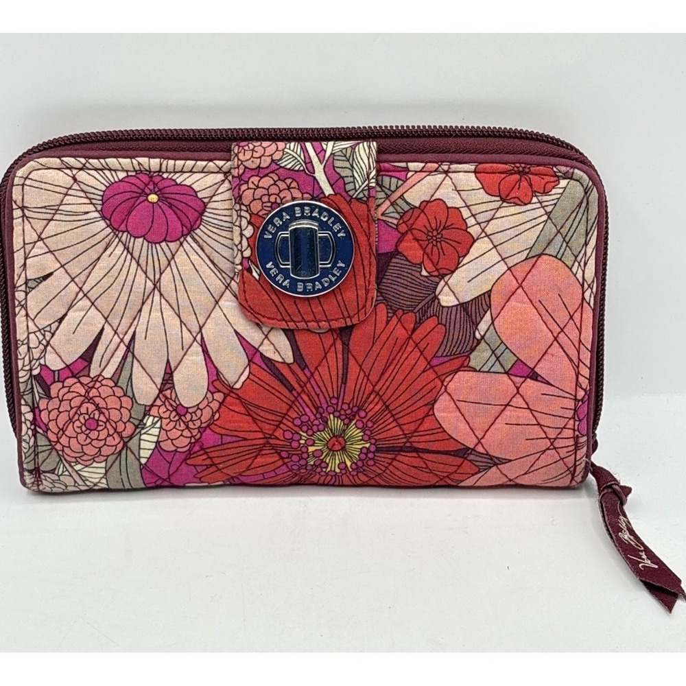 Vera Bradley Quilted Floral Turn-Lock Wallet Red Pink Flowers